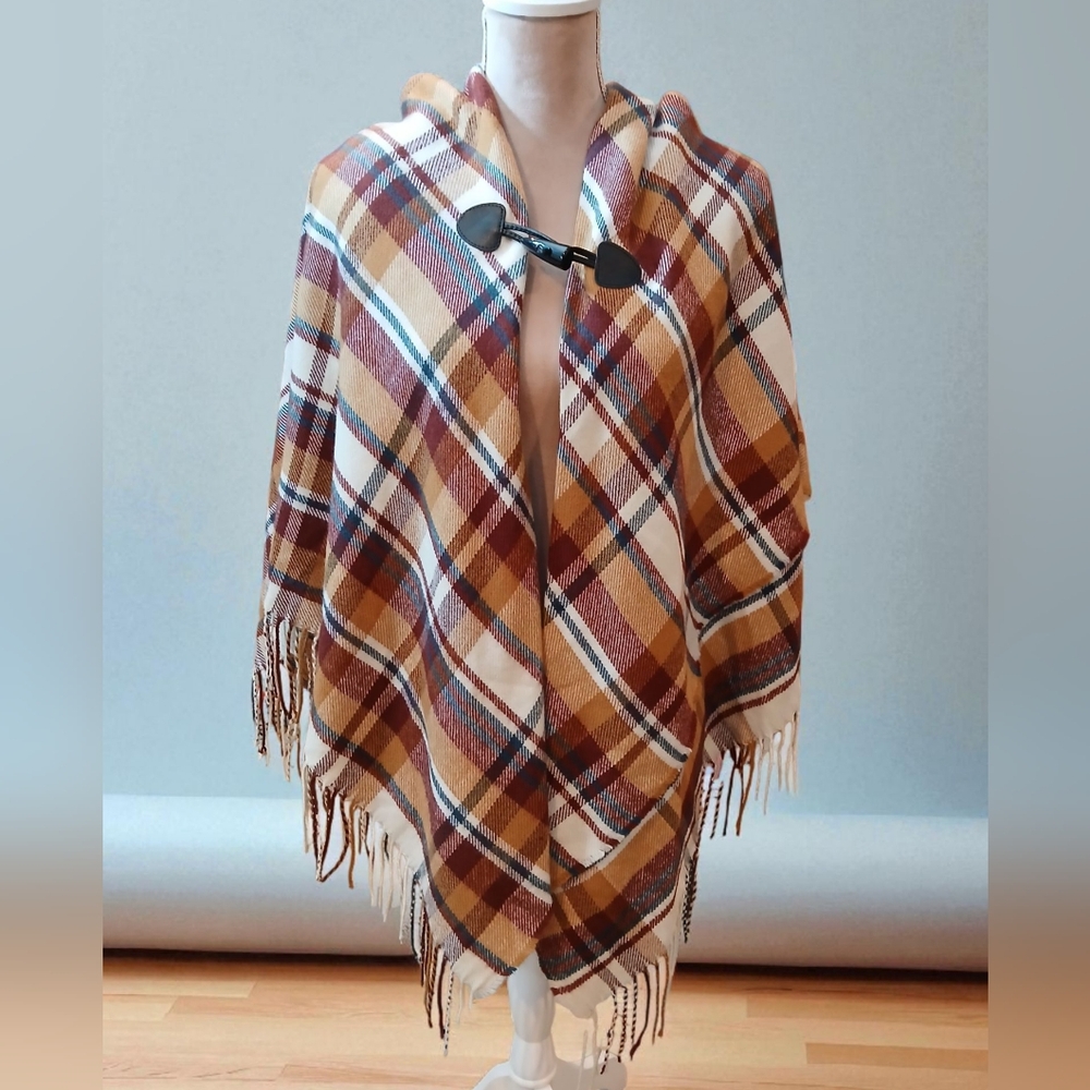 Christopher & Bank Plaid Fringe Toggle Hooded Poncho Cape Womans One Size